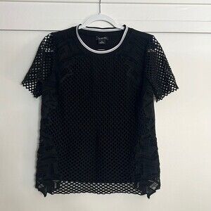 Trouve Mesh Embroidered Black T-Shirt Top Size: XS